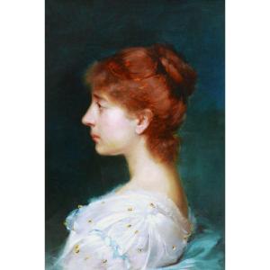 Attribué à Jules-Frédéric BALLAVOINE, Portrait de femme rousse en robe blanche de profil