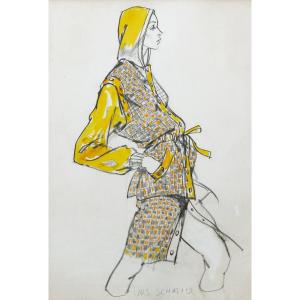 Urs SCHMID pour la maison Yves SAINT-LAURENT, Mannequin  portant un ensemble jaune à capuche