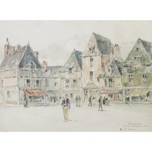 Ernest Germain Vauthrin, Busy View Of Place Terre Au Duc In Quimper