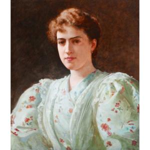 Auguste RAYNAUD,  Portrait de jeune femme en robe vert pâle à motifs de fleurs