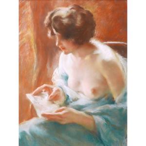 Charles Émile Moïse HORNUNG, Femme à la poitrine dénudée lisant une lettre