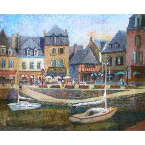 Fran-baro, Lively Pointillist View Of The Port Of Auray In Morbihan (brittany)