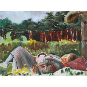 Eugène-Emmanuel LEMERCIER, Femme endormie en lisière de forêt