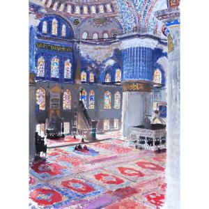 Albert BRENET, Vue intérieure animée de la Mosquée Bleue à Istanbul