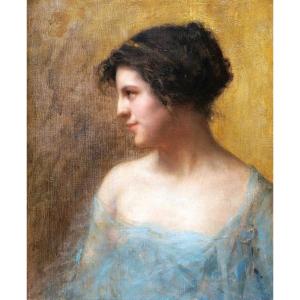 Emmanuel Michel Benner, Known As Many Benner, Portrait Of A Brunette Woman, In Profile, In A Blue Negligee