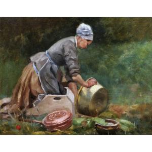 E. Liesse, Peasant Woman Scrubbing Coppers In The Sun