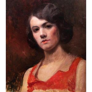 French School Circa 1900-1930, Portrait Of A Young Brunette Woman In A Red Dress (double Sided)