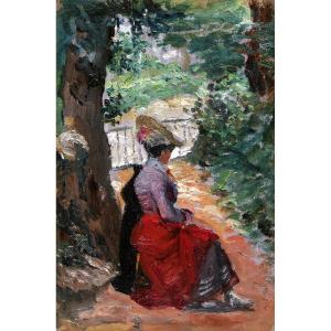 French School Circa 1900, Woman Seated In A Park