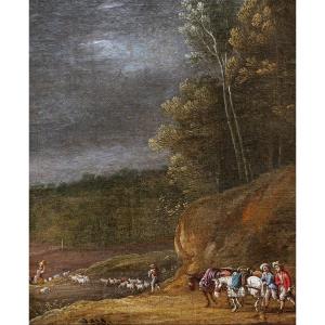 Attribué à Jacques d'ARTHOIS, Paysage aux voyageurs et berger avec son troupeau