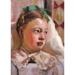 French School Circa 1930, Portrait Of A Young Girl With A Green Bow