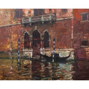 Alfred Théodore Joseph BASTIEN, Gondole devant un palais à Venise