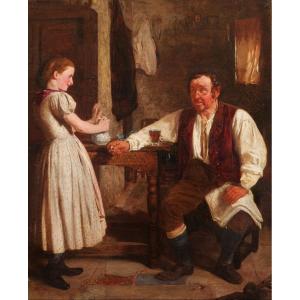 German School In 1871, Man Seated At A Table With A Glass Of Beer And Young Girl In An Interior