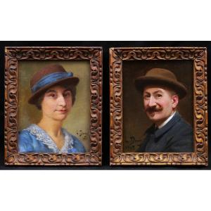 Léopold Danty, Portraits Of A Man And A Woman Wearing A Hat