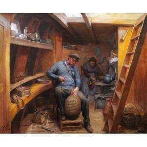 Constant Prosper Hoste, Couple Of Boatmen In A Barge: Making A Fender