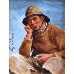 Blanche BISSON de RÉCY, Marin fumant sa pipe, miniature sur porcelaine