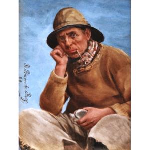 Blanche BISSON de RÉCY, Marin fumant sa pipe, miniature sur porcelaine