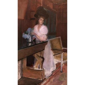 École FRANÇAISE circa 1900, Elégante arrangeant un bouquet d'hortensias dans un intérieur