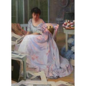 Baron Paul de TURGY, La femme de l'artiste au salon, feuilletant des estampes (GRAND FORMAT)