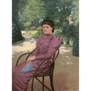 Jeanne DEVOISINS, Femme à l'éventail assise dans un Parc à Plaisance en Italie