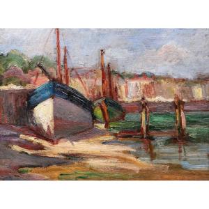 École FRANCAISE circa 1900-1930, Deux bateaux à quai, marée basse