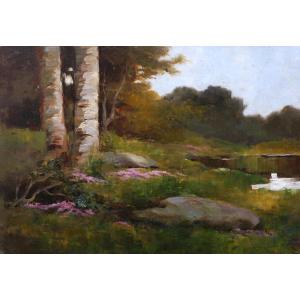 19th-century French School, Pondside With Heather