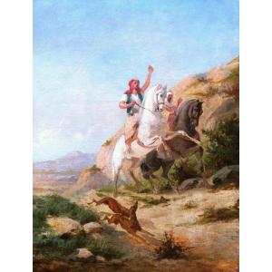 19th-century French School, Arab Horsemen Hunting With Falcons