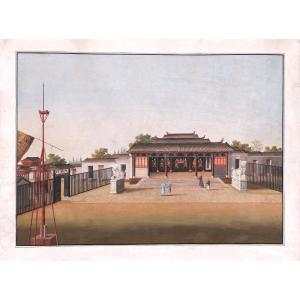 École de GUANGZHOU, début du XIXème siècle, Personnages devant des bâtiments officiels, Chine