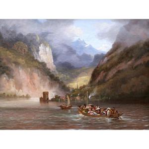 École FRANÇAISE du XIXème siècle Paysage romantique animé, en Autriche ou sur le Danube