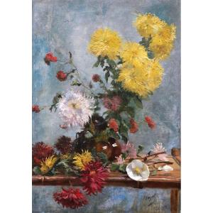 Léon Mayet, Vase Of Dahlias