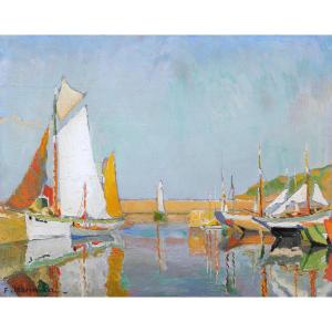 Fernand Jeanneau, Sailboats In A Port Near Lorient (painting)