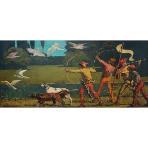 Jules Raymond Koenig, Légende Alsacienne : Le Tir-à-l'oiseau (symbolist Painting, Large Format)