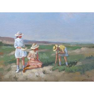 Joop Van Leeuwen, Young Girls Picking Flowers In The Dunes (painting)