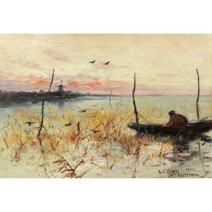 G. V. HAMERY, Pêcheur en barque aux environs d'Amsterdam en Hollande (tableau)