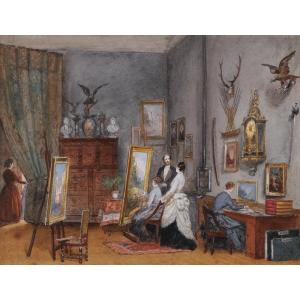 French School Circa 1870-1880, Women Painters At Work In A Studio, Watercolor