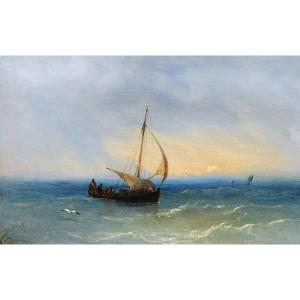 François Pierre Barry, Barque In The Mediterranean Sea, Marine Painting With Boat