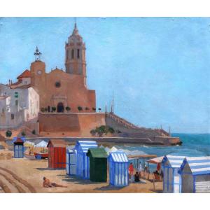Attribué à Agapito CASAS ABARCA, Plage animée à Sitges, tableau espagnol catalan