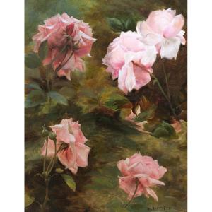 Gustave BIENVÊTU, Roses, tableau nature morte de fleurs