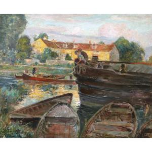 Richard Ranft, Lively Scene On A River With Two Children, Landscape Painting