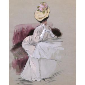 Attributed To Drian, Elegant Lady With Hat Leaning Against A Table, Watercolor Drawing Of Woman