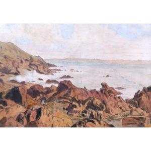 Charles Victor Guilloux, Rocky Coast In Brittany, Watercolor Drawing