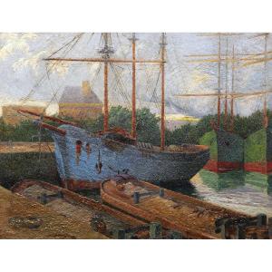 École FRANÇAISE, BELGE ou HOLLANDAISE pointilliste, circa 1900-1920, Bateaux et péniches à quai