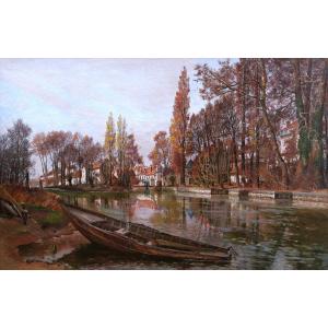 Guillaume-roger, River Banks With A Boat, Probably On The Loiret, Large Format Painting