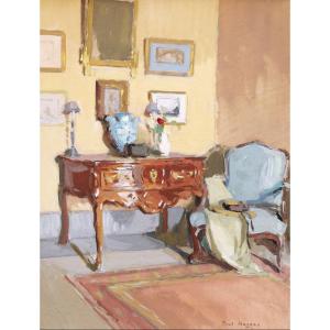 Paul Jean HUGUES, Intérieur au bureau et au fauteuil Louis XV, dessin à la gouache