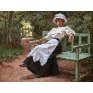 French School Circa 1900, Elegant Woman Sitting On A Bench In A Park, Painting