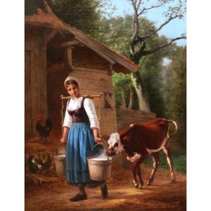Charles Marie LHULLIER ou LHUILLIER, La Petite gardeuse de vaches, tableau GRAND FORMAT