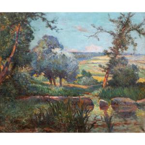 André VAUTIER, Paysage de Provence à l'étang, tableau