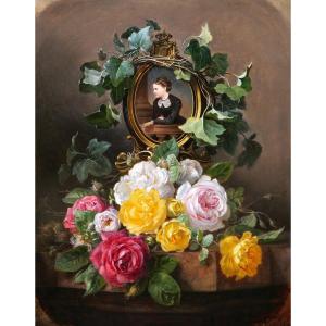 Josef NEUGEBAUER , Portrait d'une aristocrate autrichienne au lierre et aux roses, tableau