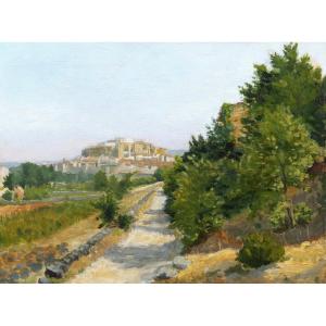 École FRANÇAISE début XXème siècle, Vue de Grignan dans la Drôme provençale, tableau de paysage