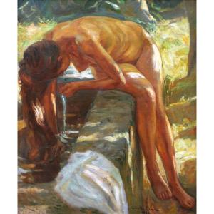 Claude FIRMIN, Femme nue à la fontaine en Avignon, tableau (GRAND FORMAT)