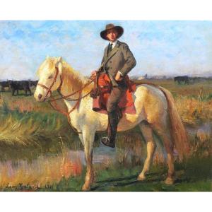 Léon Laurent GALANT, Gentilhomme d'Arles à cheval en Camargue, tableau portrait et paysage